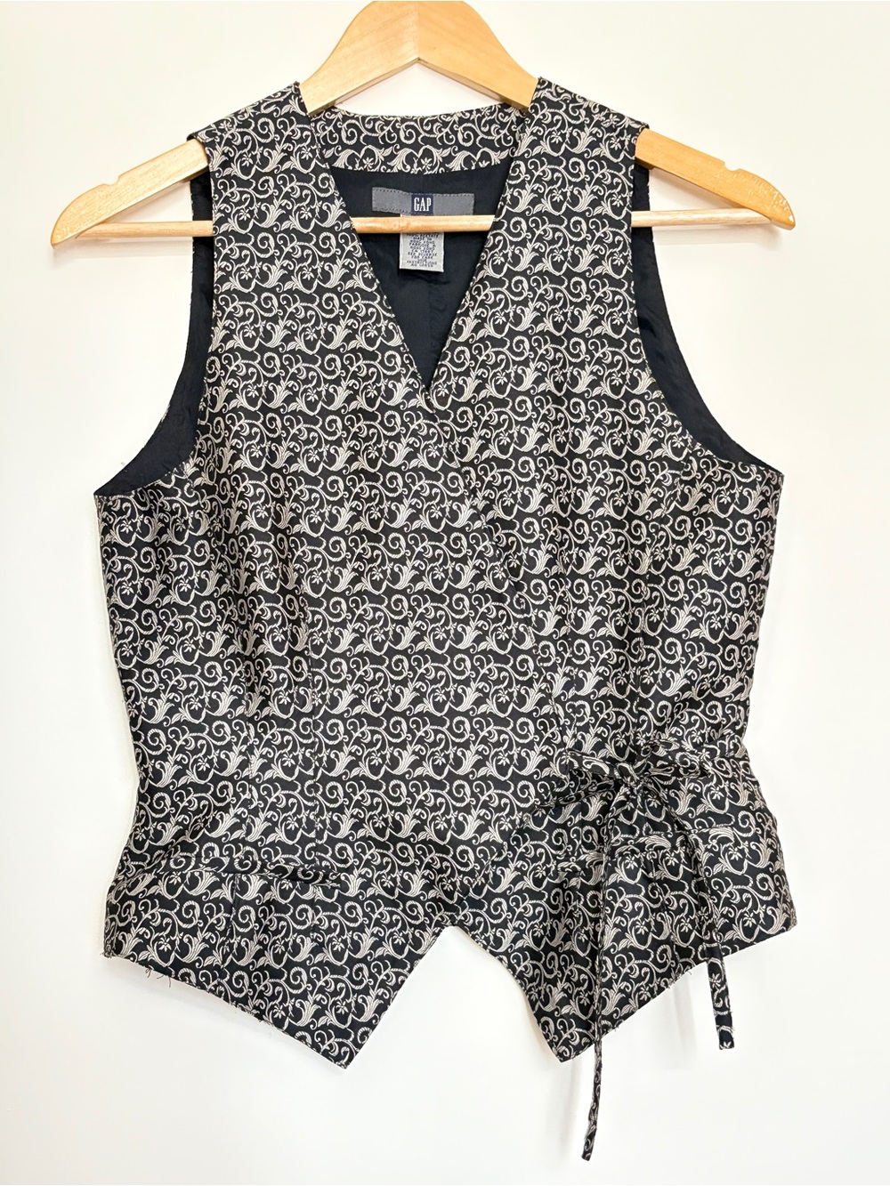 Vintage GAP Silver & Black Floral Brocade Wrap Vest Tie Waist Medium